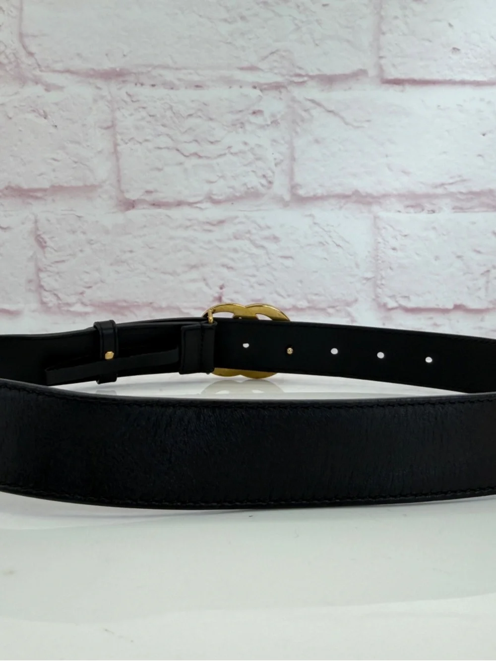 Authentic Gucci Slim Leather Marmont Gg Double Mens Belt Black 75/30 414516